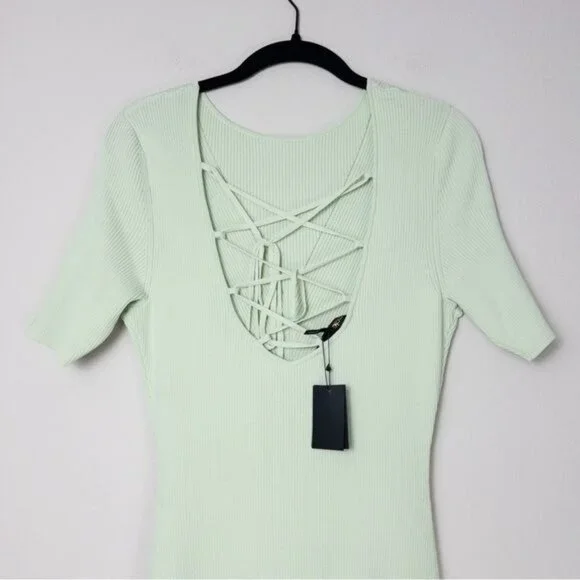 NWT Maje Ruche Tie Back Midi Dress 40 Vert L Ribbed Knit Stretch - Picture 11 of 15